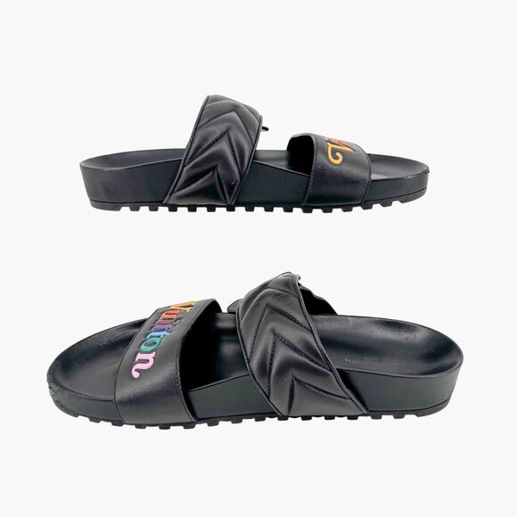 Louis Vuitton New Wave Bom Dia Slide Sandal Size 38 US 8 Black Rainbow Logo Mule - Picture 10 of 15